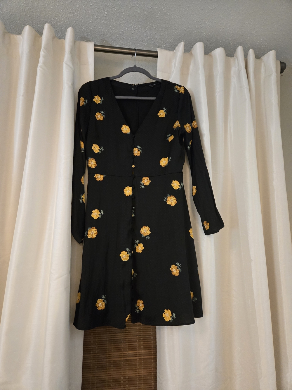 Madewell Black Long-Sleeve Mini Dress with Yellow Floral Print